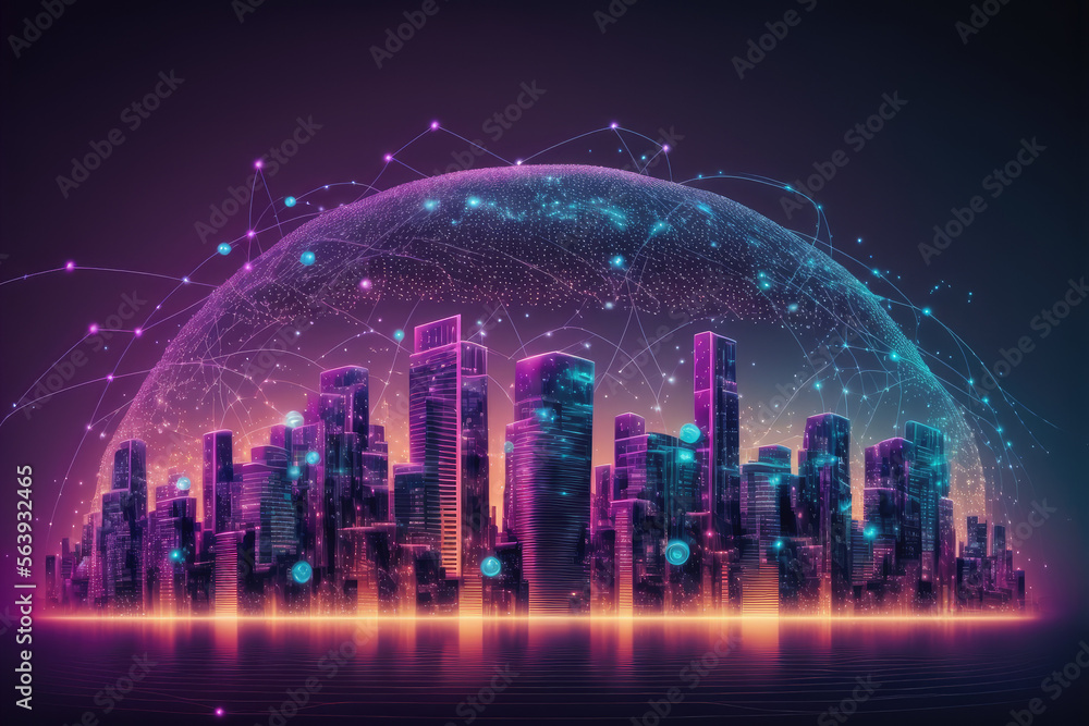 Futuristic smart city internet network connection through wireless system. Peculiar AI generative im