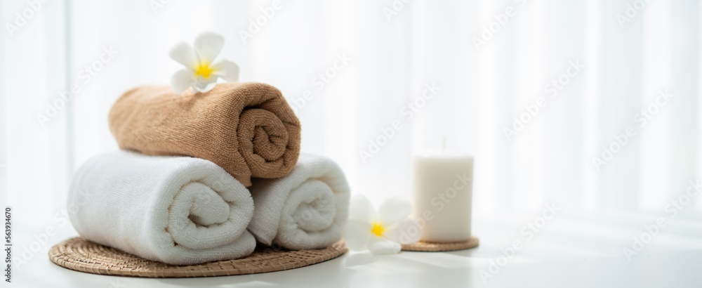 Spa accessory composition set in day spa hotel , beauty wellness center . Spa product are placed in 