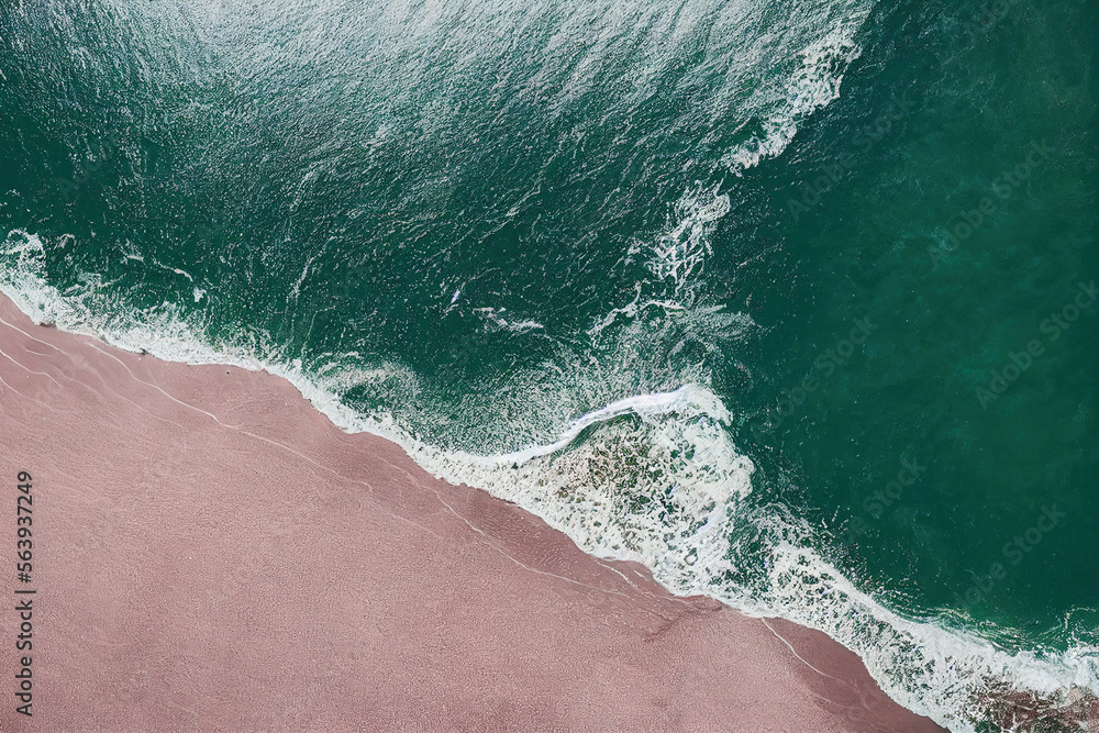 Spectacular top view from drone photo of beautiful pink beach with relaxing sunlight, sea water wave