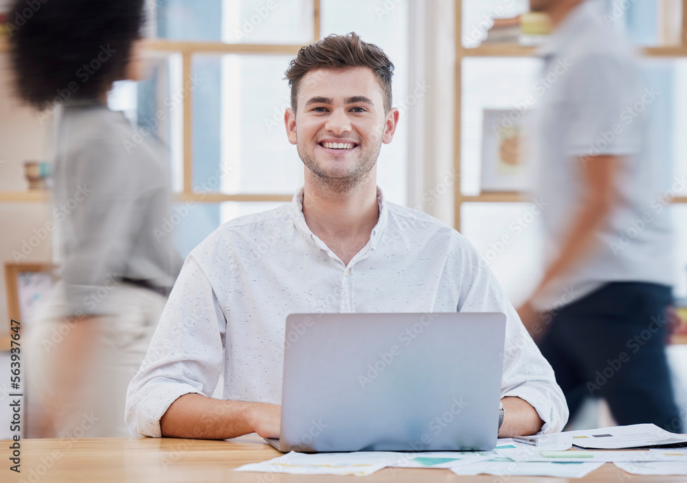 Portrait, happy or business man with laptop in office for motivation, inspiration or vision with a s