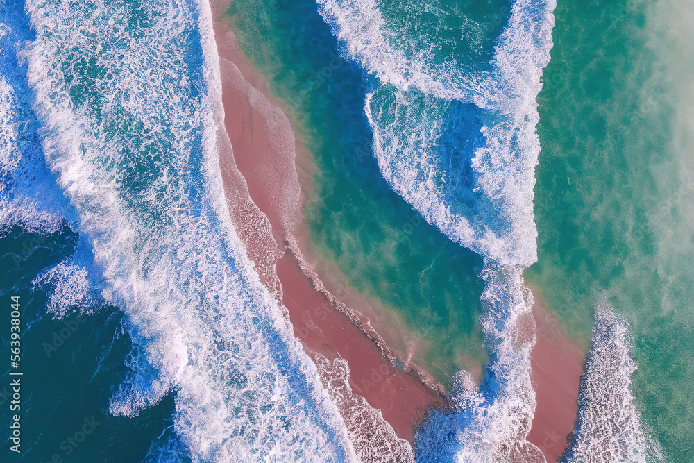 Spectacular top view from drone photo of beautiful pink beach with relaxing sunlight, sea water wave