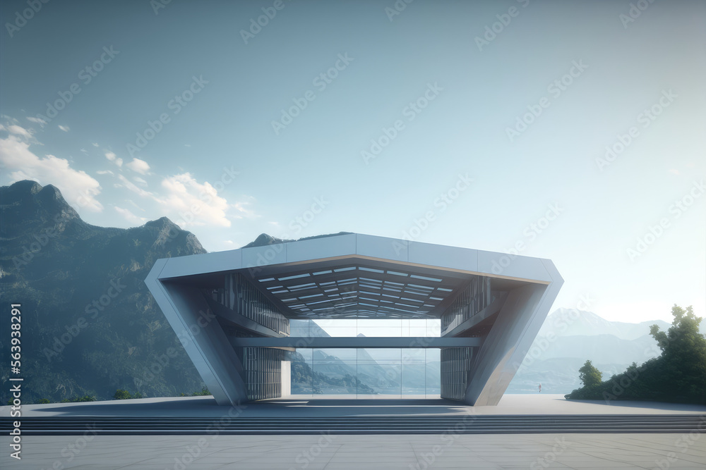 Futuristic architecture of modern hall entrance facade on high mountain top scenery with empty outdo