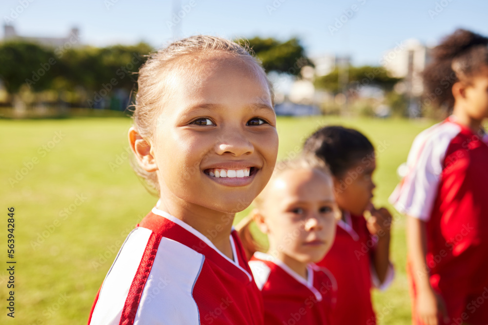 Girl soccer player, portrait and field for training, teamwork and group diversity with smile. Young 