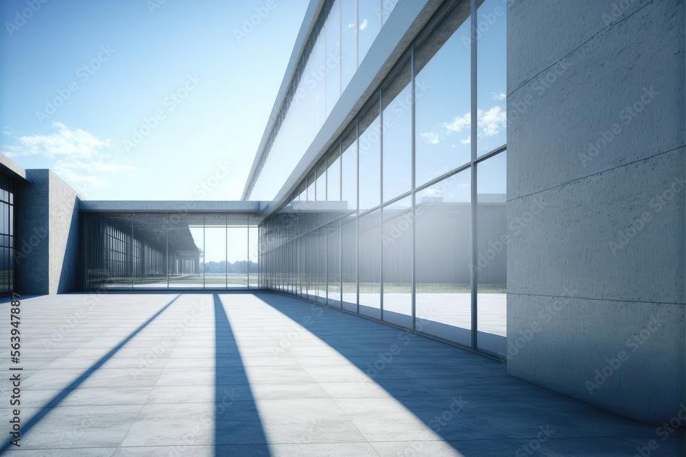 Modern architecture exterior of public hall entrance in urban building outdoor under bright sky with