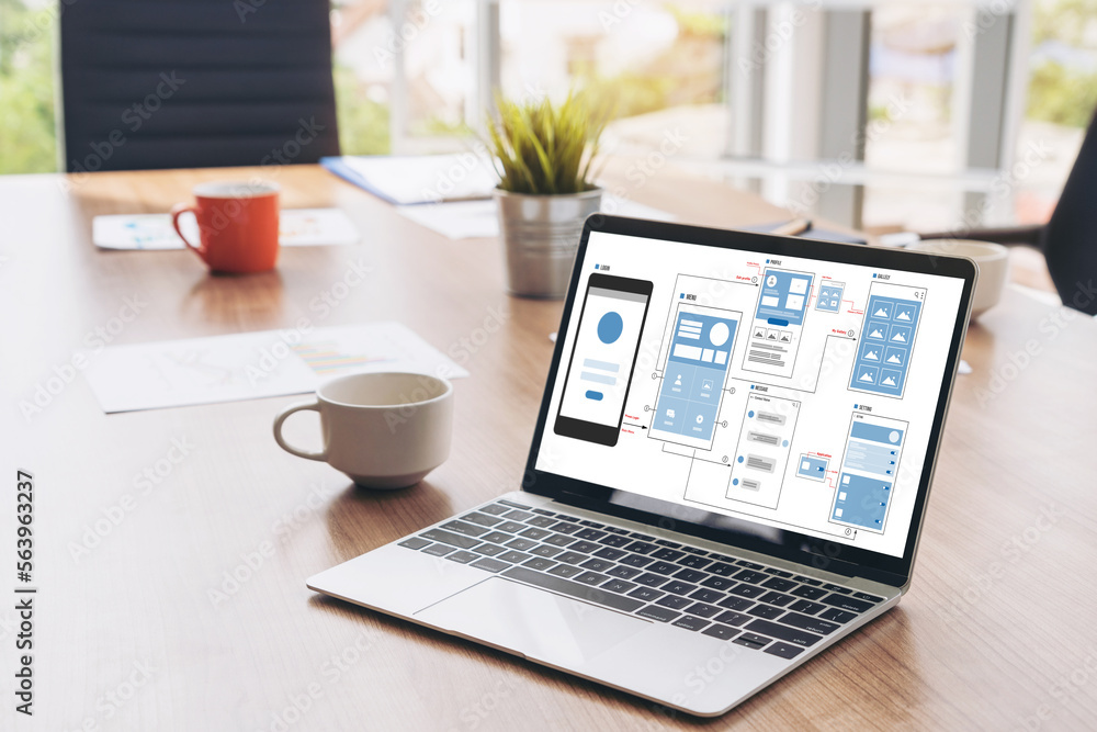 UX UI design process for modish mobile application and website . Creative prototype of wireframe for