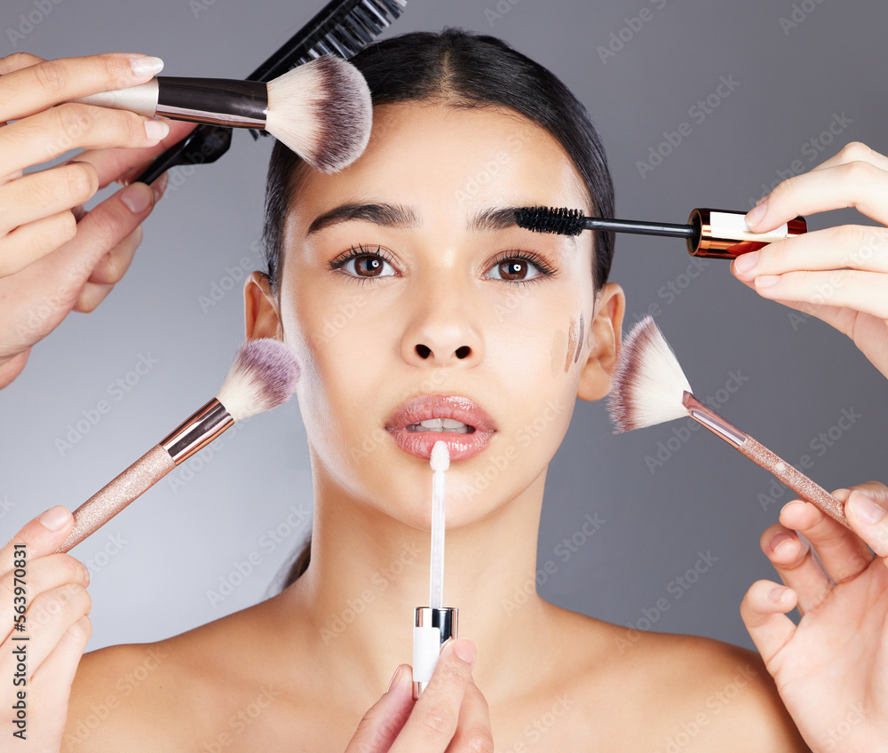 Woman, hands and portrait with makeup tools for beauty, skincare wellness and cosmetics dermatology.