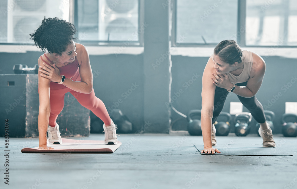 Gym floor, health and training woman doing arm plank exercise, performance workout or core muscle bu