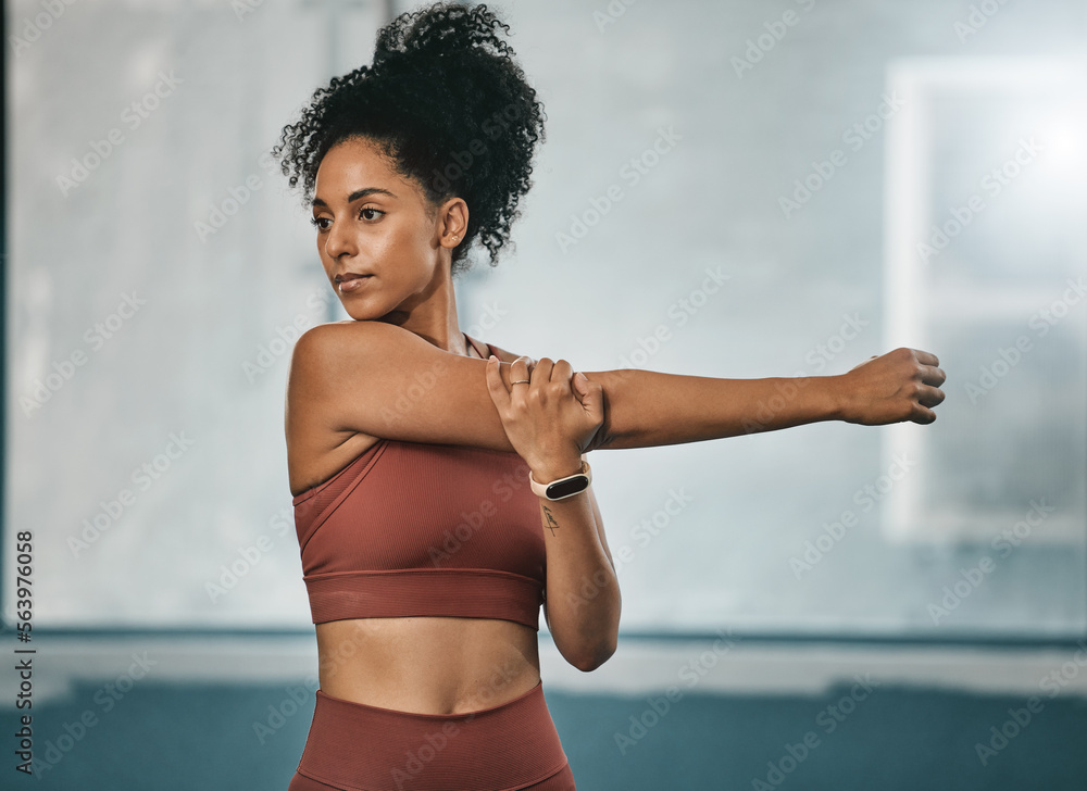 Black woman, stretching arms and fitness exercise for cardio training. wellness workout and mindset 