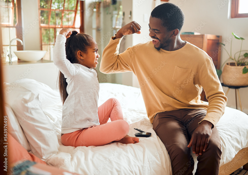 Healthcare, diabetes and muscle of father and girl in bedroom for brave, proud and strong gesture. L