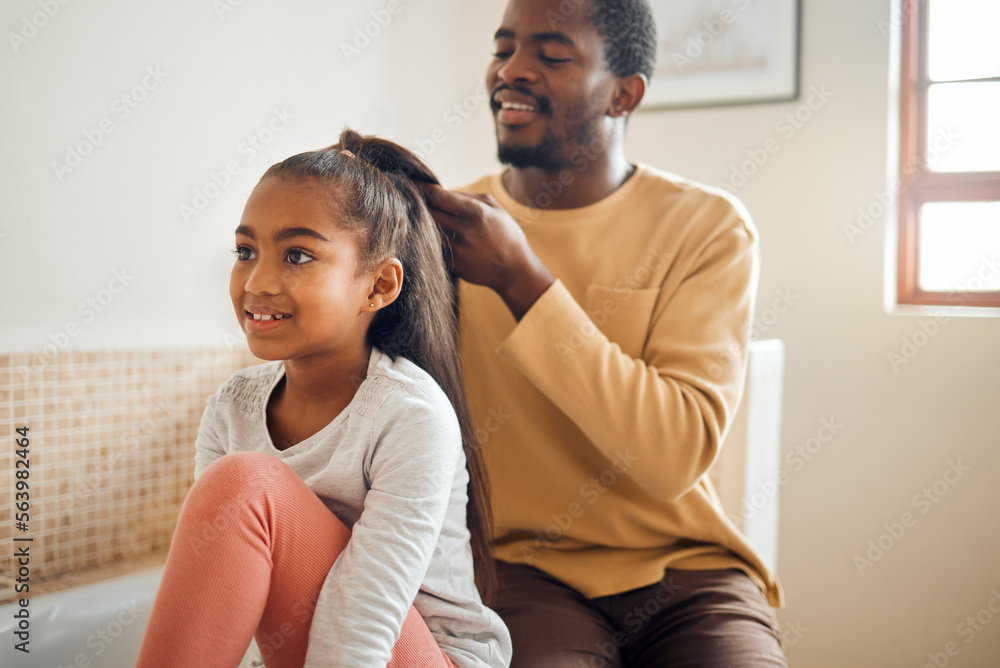 Family, black father and help girl with hair, smile and bonding together in bathroom, relax and conv