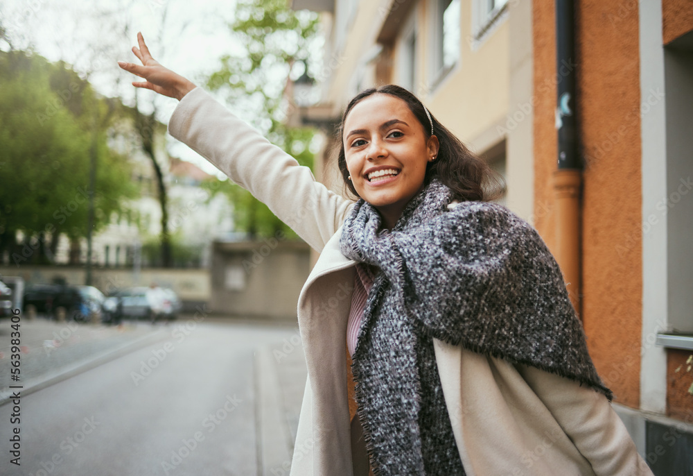 Woman, travel and hailing taxi hand in city, street or New York road in transportation, traveling an