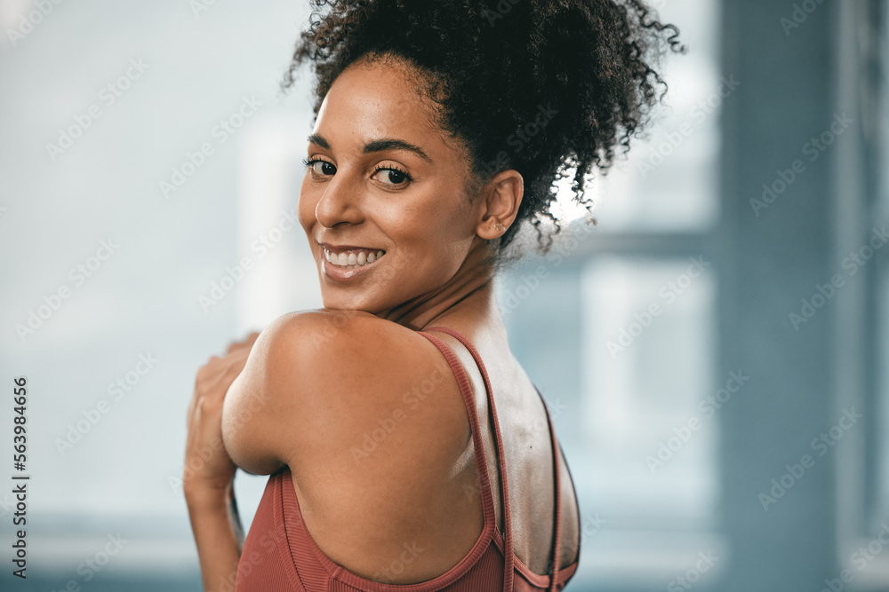 Black woman, smile portrait and exercise stretching for fitness workout, wellness training and happy