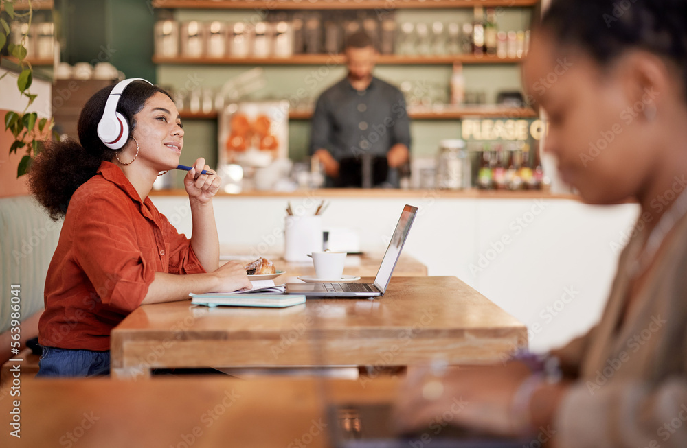 Cafe, girl or student thinking of ideas for innovation while working or planning a studying schedule