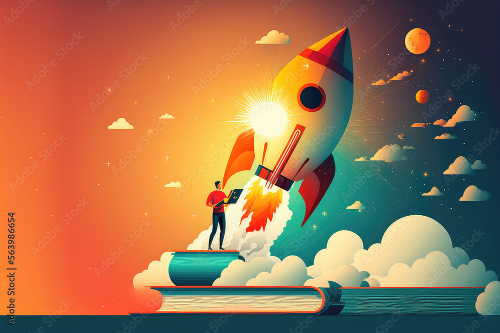 the rocket on books and a man design illustration, education concepts (ai generated)