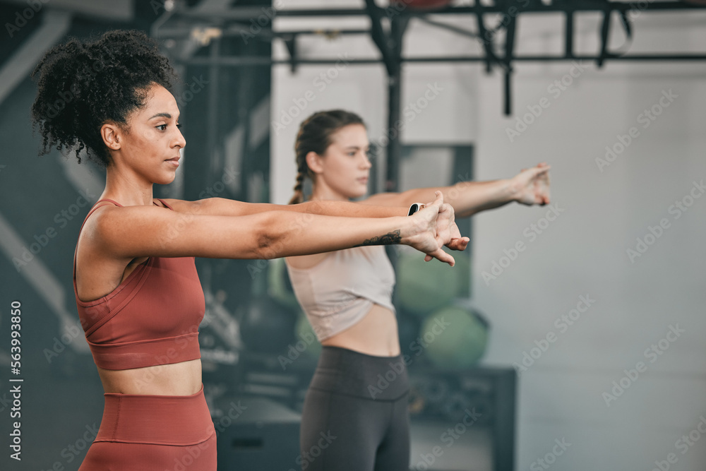 Training, stretching and friends with women in gym for training, workout and exercise. Teamwork, hea