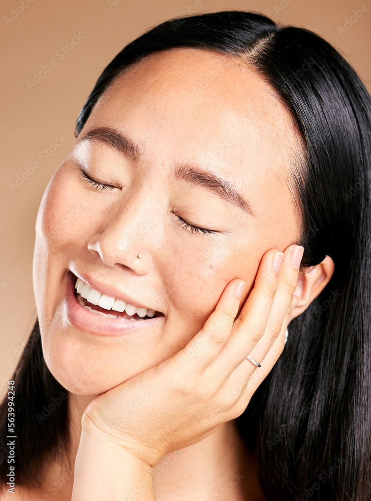 Beauty, skincare or woman with a happy smile on her face in grooming routine isolated on studio back