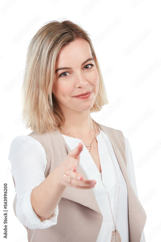 White background, handshake and portrait of business woman for welcome, thank you and recruitment. C