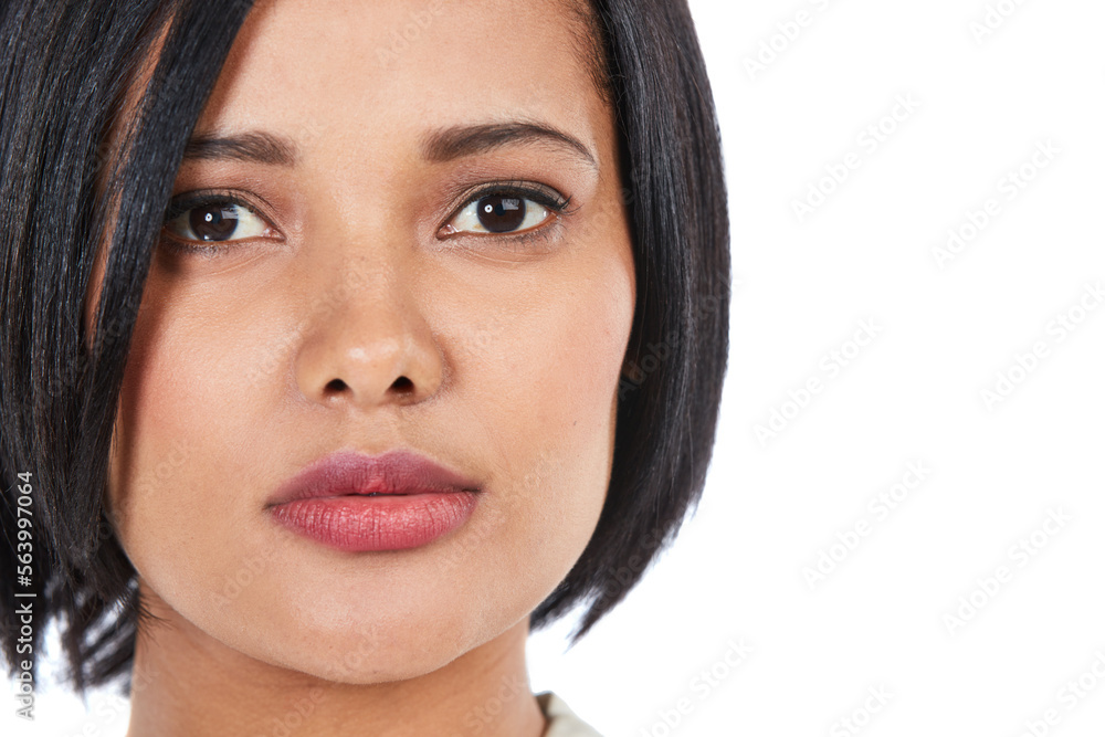 Skincare, portrait and woman against a white background for wellness, grooming and posing in studio.