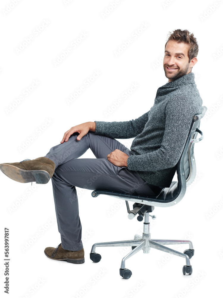 Portrait, chair and happy with a business man in studio isolated on a white background for marketing