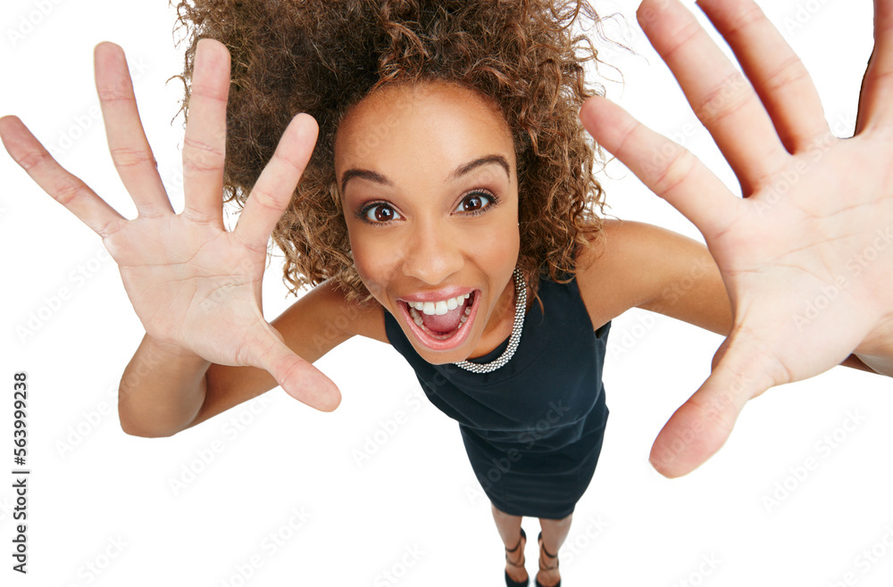 Excited, shouting and portrait of black woman with hands isolated on a white background. Shocked, su