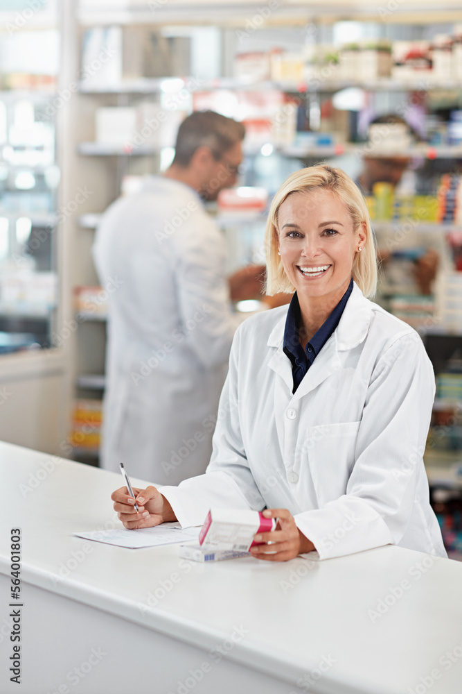 Portrait of pharmacist woman writing medicine notes, product or healthcare receipt signature in phar