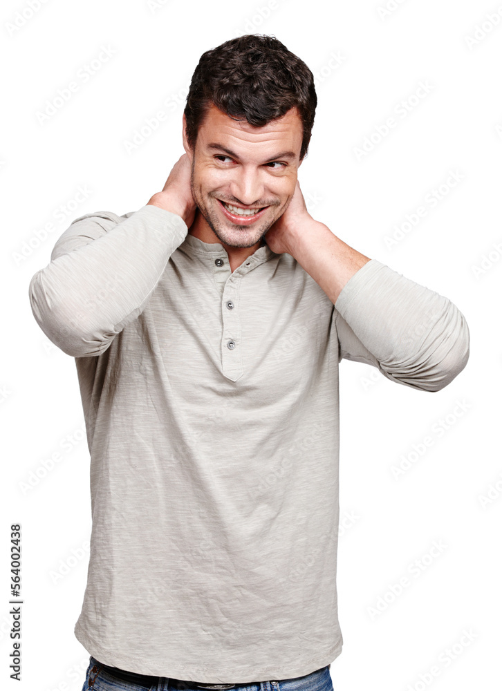 Face, smile and shy man in studio isolated on a white background looking happy and shy. Thinking, co