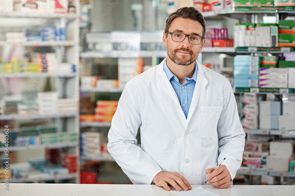 Pharmacy, writing and pharmacist man in portrait for medicine, product or healthcare insurance docum