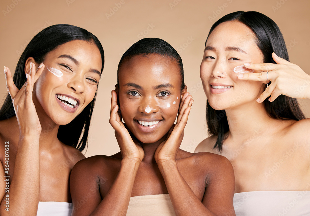 Diversity, woman and beauty portrait with cream for facial skincare wellness, luxury product and hap