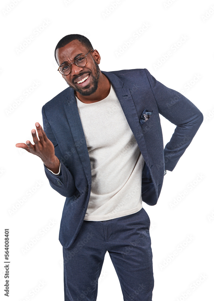 Confused, question and portrait of black man or businessman isolated against a studio white backgrou