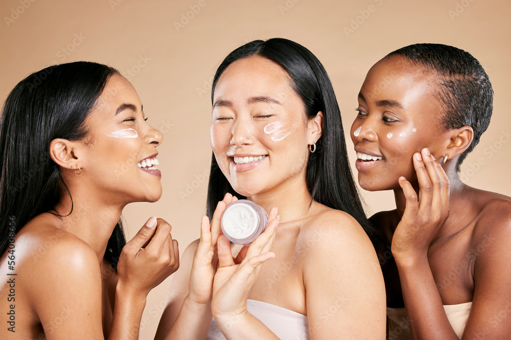 Women, skincare cream and beauty friends with diversity for dermatology or cosmetic container. Asian