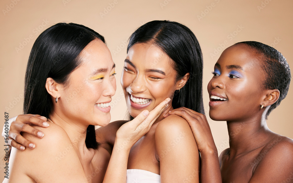 Diversity, beauty makeup and women smile for skincare wellness and cosmetics dermatology in brown ba