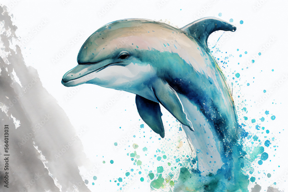 Dolphin watercolour sketch of the marine animal leaping and jumping from the ocean surface of the se