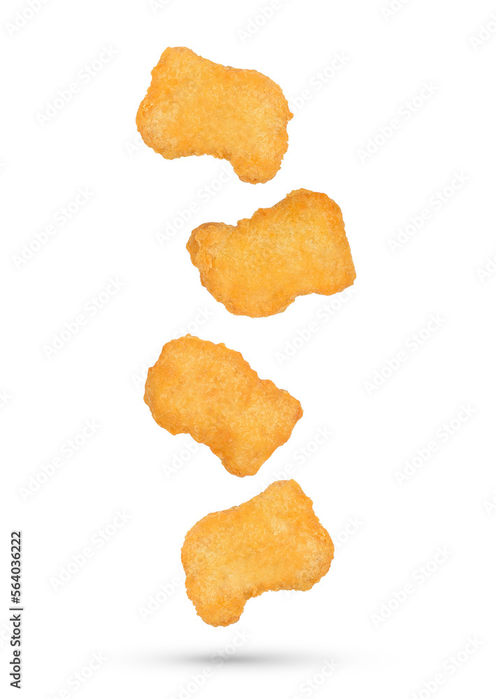 Fried chicken nuggets falling in the air isolated on transparent background. PNG