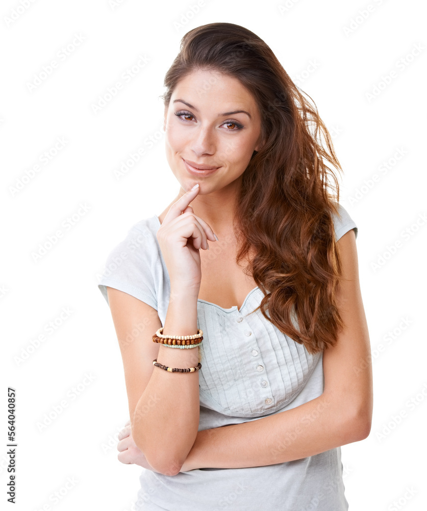 Thinking, beauty and woman with a smile portrait and idea in a studio with white background. Plannin