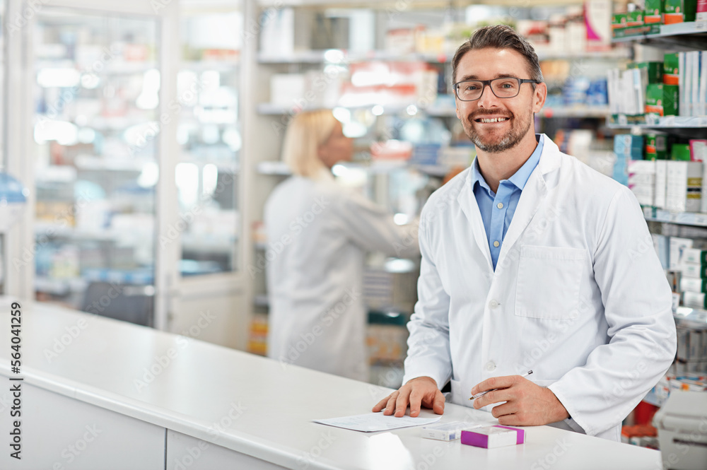 Portrait of happy pharmacist man with pharmacy services, medicine advice and product trust at shop, 