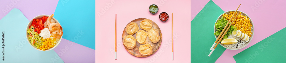 Set of tasty Chinese food on color background