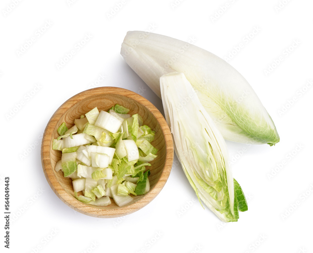 Bowl of cut fresh endive on white background