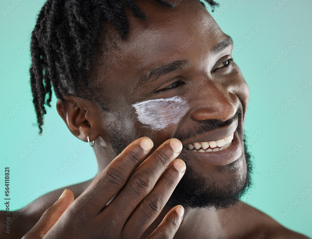 Black man, face and cream, happy with smile and beauty, moisturizer for skincare isolated on studio 