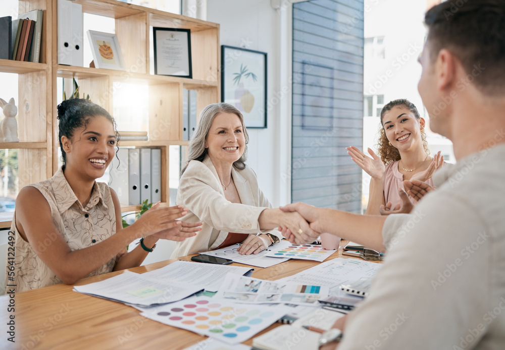 Partnership handshake, applause and business people in office. Welcome, shaking hands and group of m