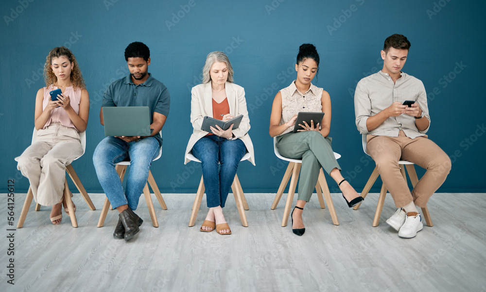 Hiring, hr and people in a waiting room for job interview in office. Onboarding, human resources and