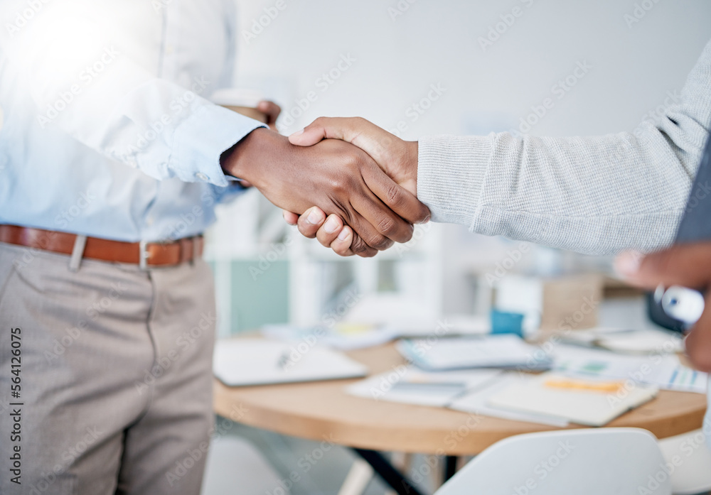 Office partnership, business people and hand shake for investment deal, collaboration agreement or n