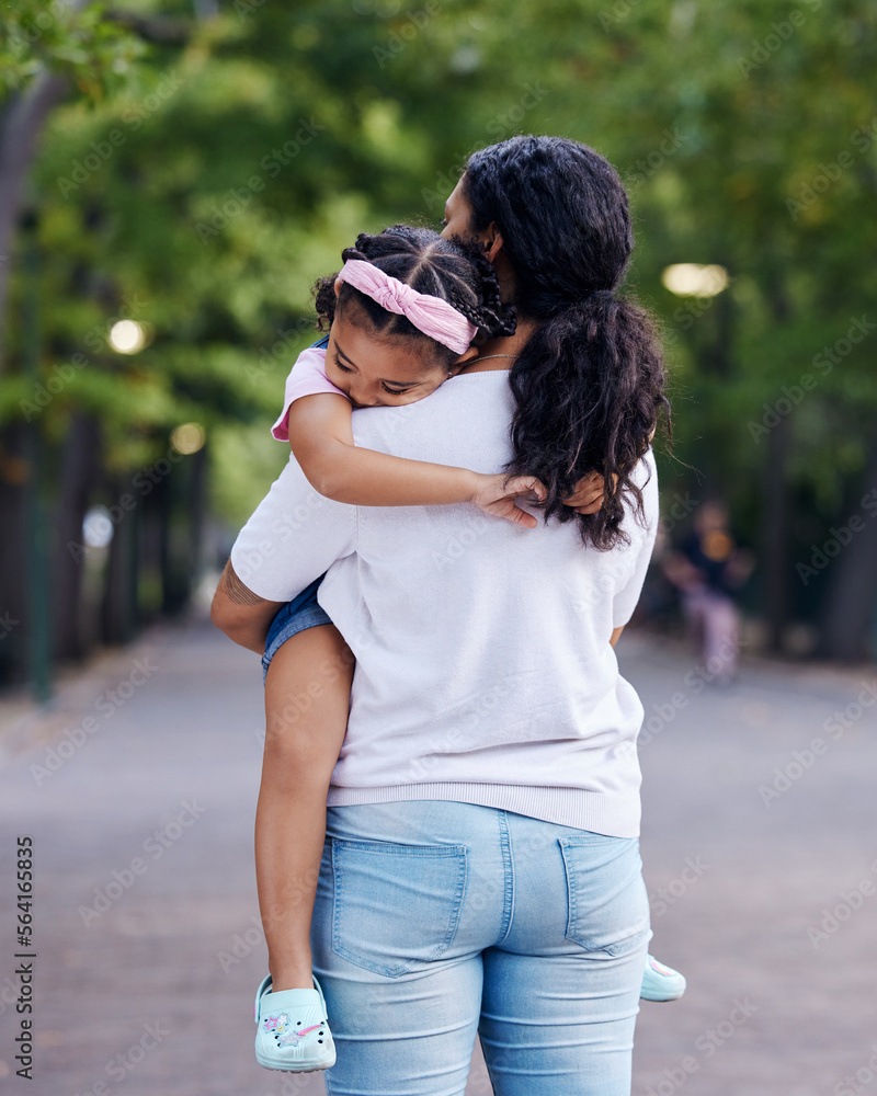 Love, family and mother carrying girl outdoors, bonding and hugging. Motherhood support, care and wo