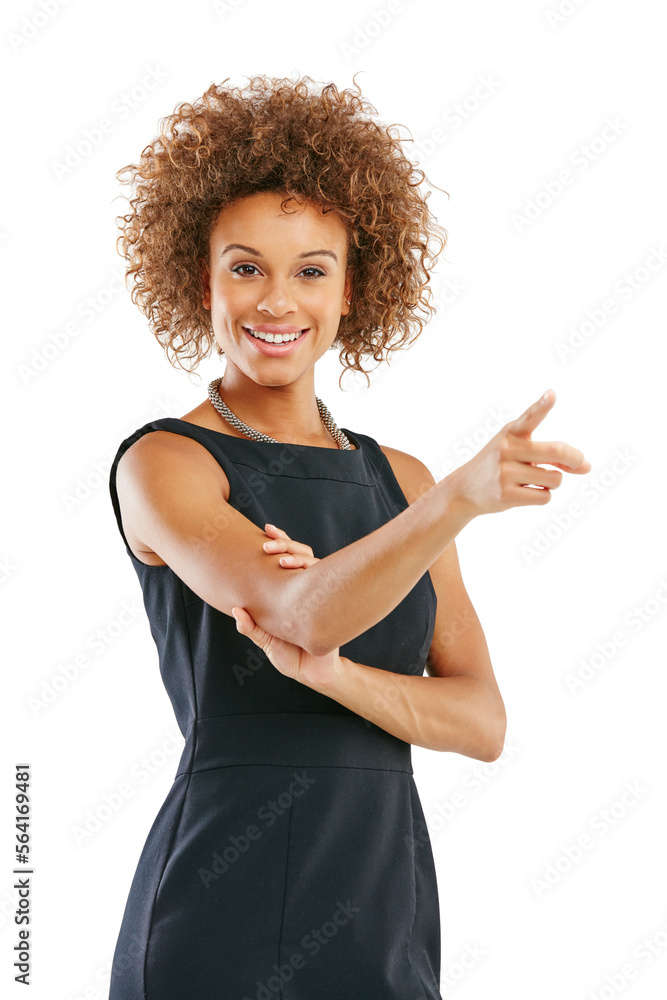 Portrait, black woman and hand pointing to mockup in studio for advertising on white background. Fac