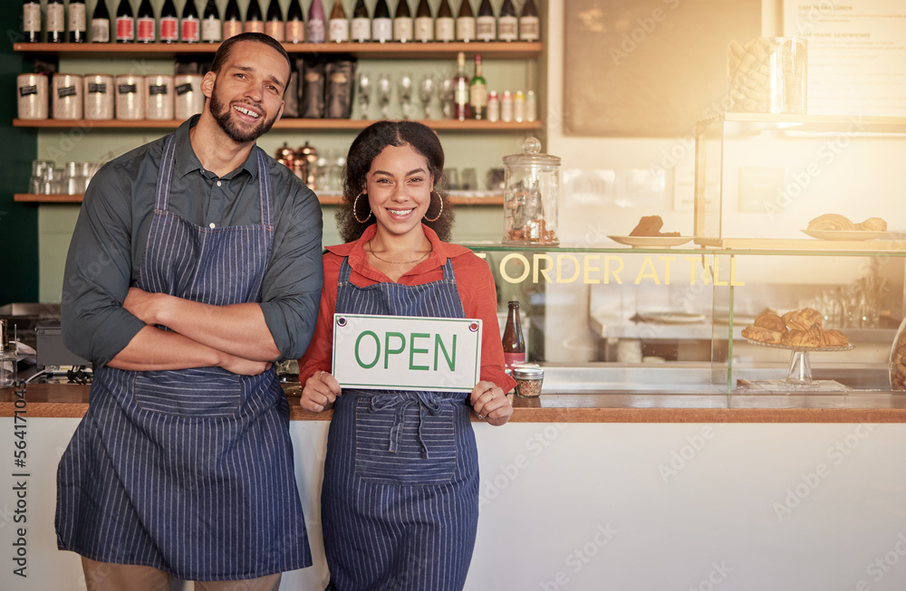 Cafe, portrait or happy couple with an open sign to welcome sales with hospitality at a coffee shop.