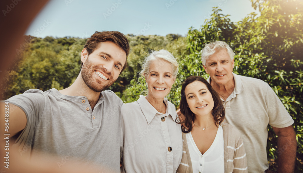 Happy family, portrait or pov selfie bonding in park, house garden or home nature backyard in holida