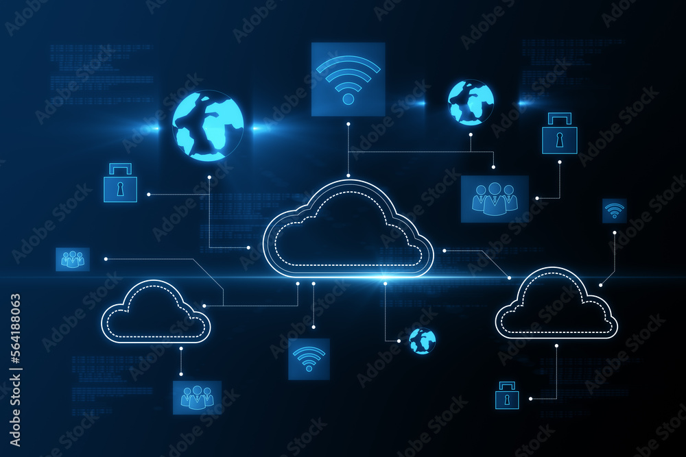 Cloud technology and online information storage concept with digital blue cloud symbols and computin