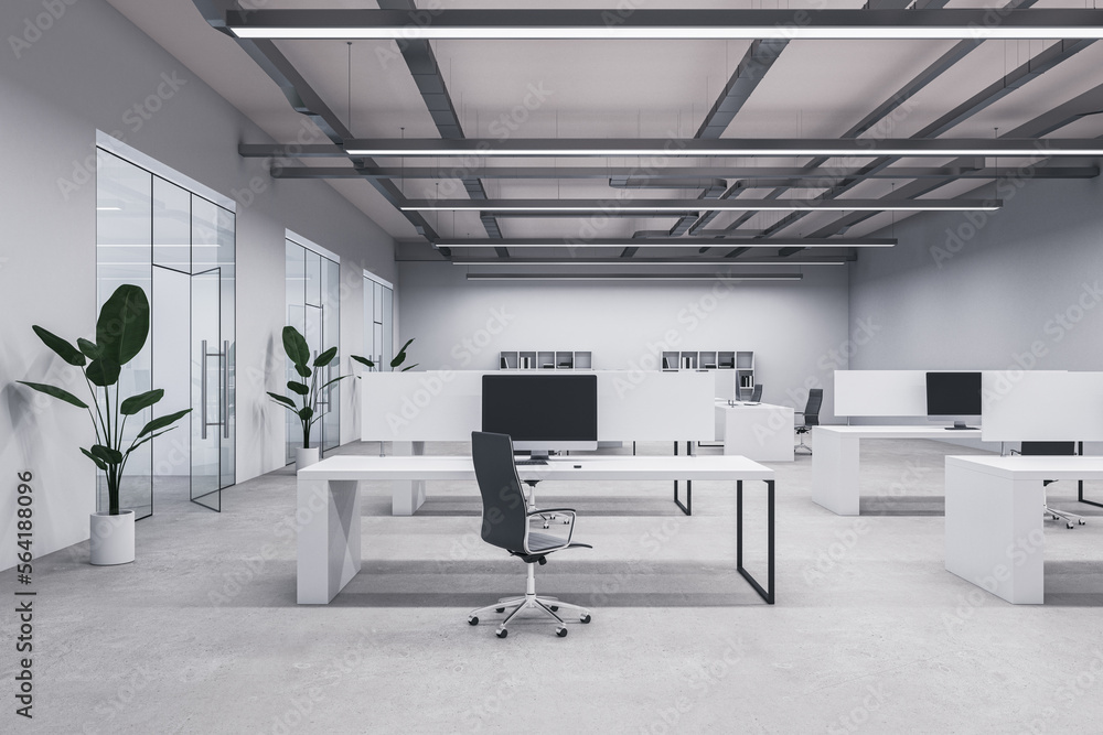 Bright concrete coworking office interior with windows, equipment, furniture and other items. 3D Ren