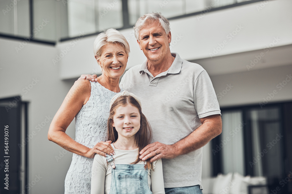 Real estate, family home and portrait of girl with grandparents in new house, apartment and residenc