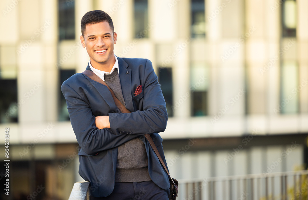 Urban portrait, confidence and happy businessman, real estate agent or property developer with pride