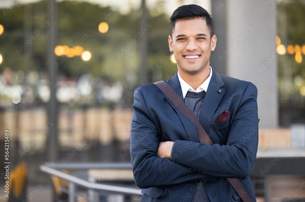 City portrait, confidence and happy businessman, real estate agent or property developer with arms c